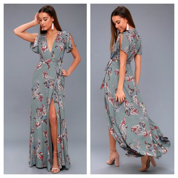 fiorire slate blue floral print wrap maxi dress